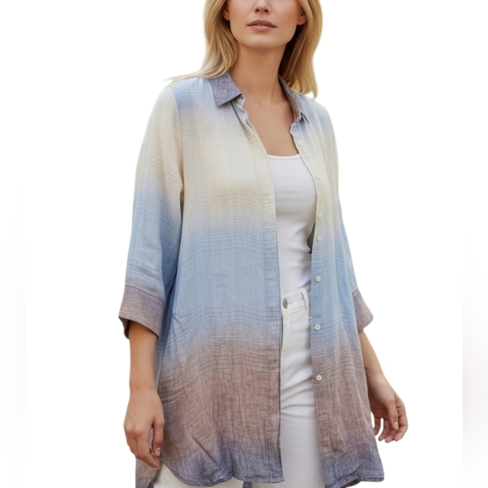Boho Chic Linen Blue/Brown/Tan Ombre Button-Up Dress/Tunic. Large.